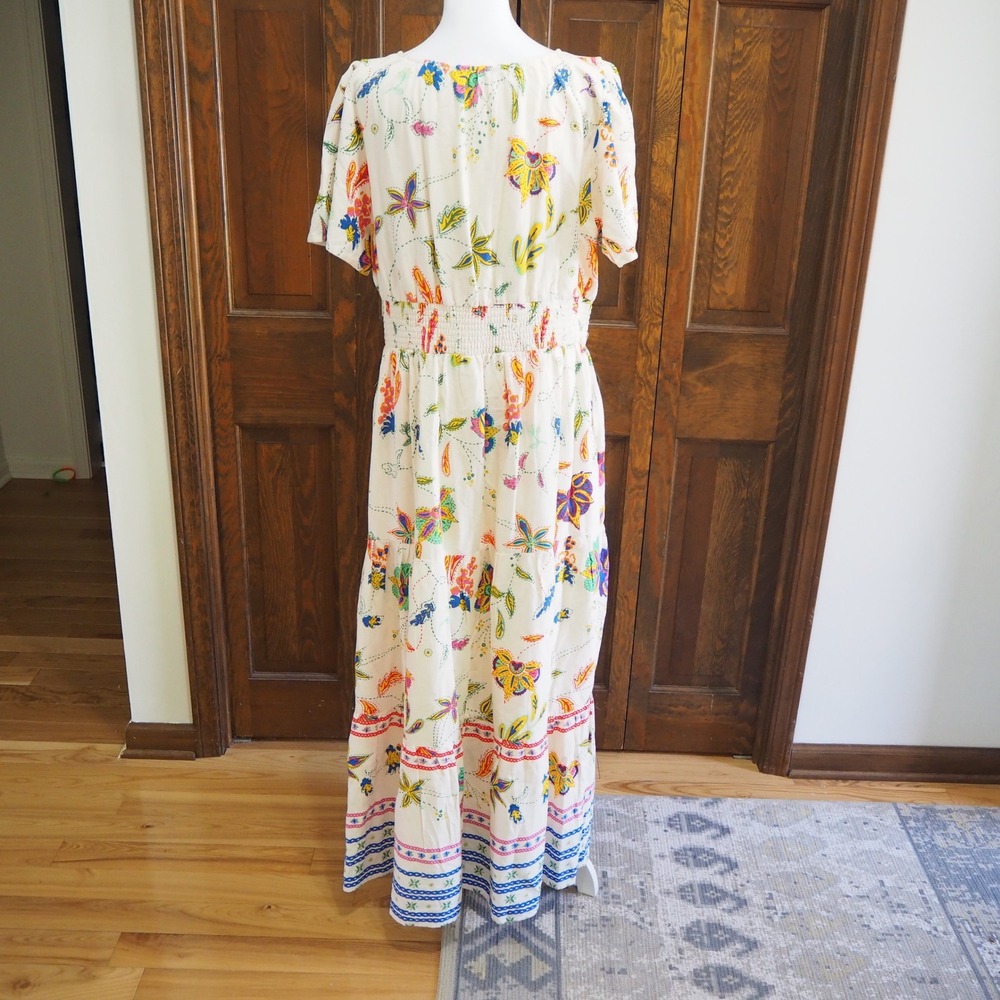 Sugarlips Cornelia Linen Blend Maxi Dress Sz XL Tired Smock Waist Boho Floral - Picture 4 of 15